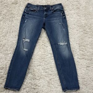 Women’s Silver Dark Blue Distressed Boyfriend Jeans, W32, L29